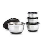 Set 4 boluri cu capac, dimensiuni diferite, baza din cauciuc anti-alunecare, din otel inoxidabil, diametru 15,5, 17,5, 21, 25,5 cm