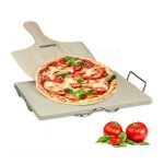 Set piatra pentru pizza, cu lopata si suport metalic, Relaxdays, 30x38x1.5 cm