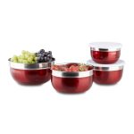 Set 4 boluri cu capac, Relaxdays, din inox, rosu