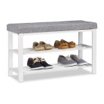 Banca de pantofi tip taburet, Relaxdays, 2 rafturi, dimensiuni 50 x 81 x 32 cm, capacitate 6 perechi pantofi, alb/gri