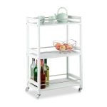 Carucior servire, Relaxdays, alb, cu 3 rafturi, bambus, 80.5 x 51 x 30 cm