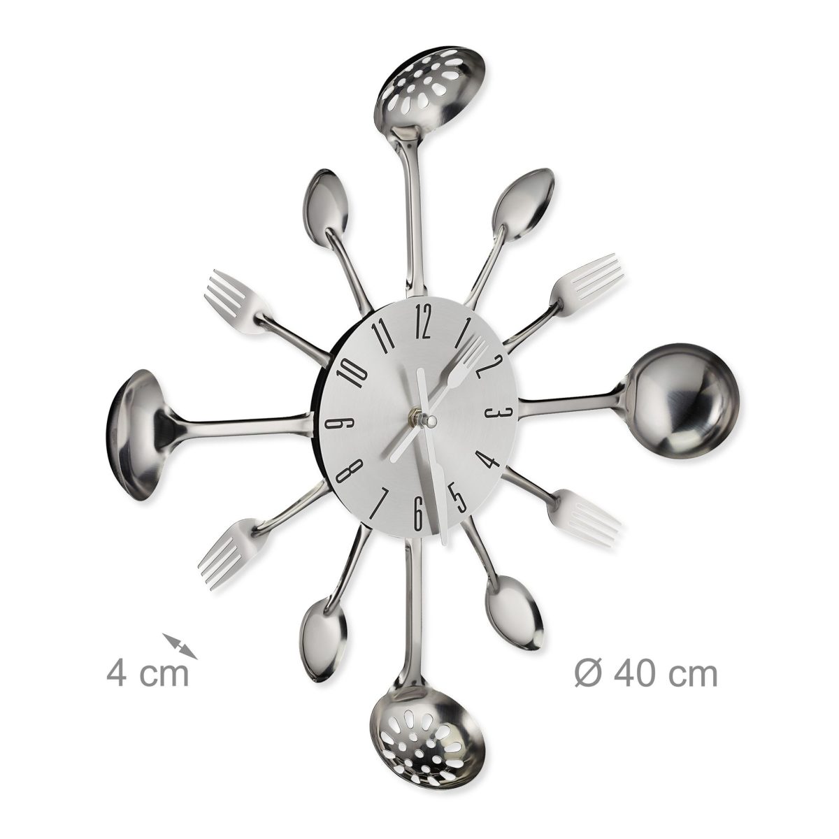 Ceas de perete, accesorizat cu tacamuri, argintiu, diametru 40 cm, Relaxdays - imagine 3