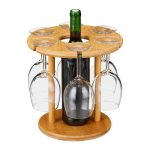Suport pentru sticla de vin si pentru 6 pahare, RelaxDays, natur, din bambus, 25 x 25 cm