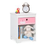Noptiera camera copilului cu sertar roz si spatiu de depozitare, Relaxdays, din MDF, alb, 41 x 32 x 31 cm