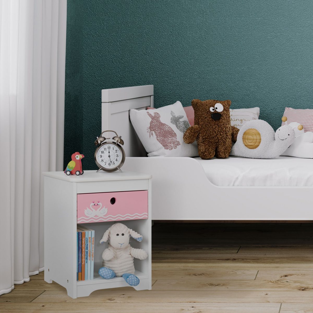 Noptiera camera copilului cu sertar roz si spatiu de depozitare, Relaxdays, din MDF, alb, 41 x 32 x 31 cm - imagine 5