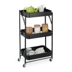 Carucior servire Relaxdays, cu 3 rafturi, negru, din metal si plastic, 77.5 x 45.5 x 29.5 cm