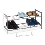 Suport cu 2 rafturi pentru pantofi, Relaxdays, dimensiuni 33,5 x 70 x 26 cm, capacitate 6 perechi pantofi, gri