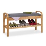 Banca cu raft pentru pantofi, capacitate 4 perechi pantofi, sezut din poliester si spuma, bambus, 50 x 90 x 33 cm