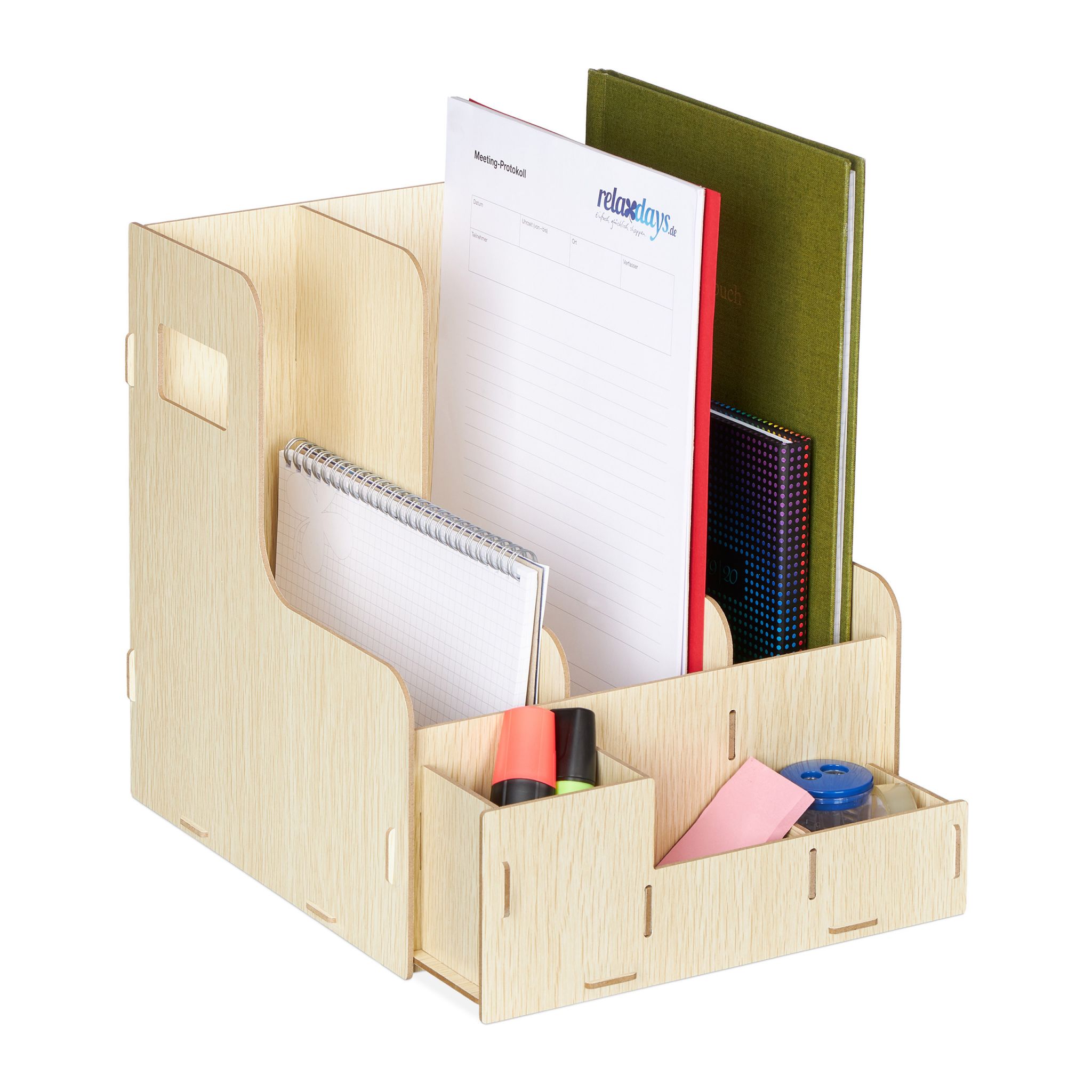 Organizator de birou, fabricat din MDF, 27 x 24 x 31,5 cm, maro deschis