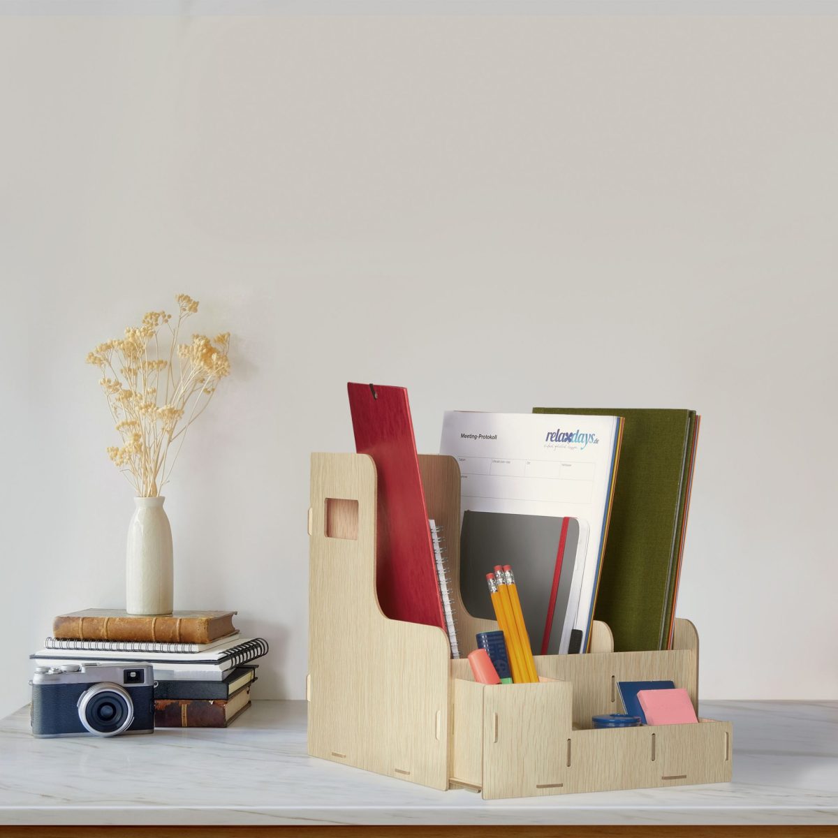 Organizator de birou, fabricat din MDF, 27 x 24 x 31,5 cm, maro deschis - imagine 2