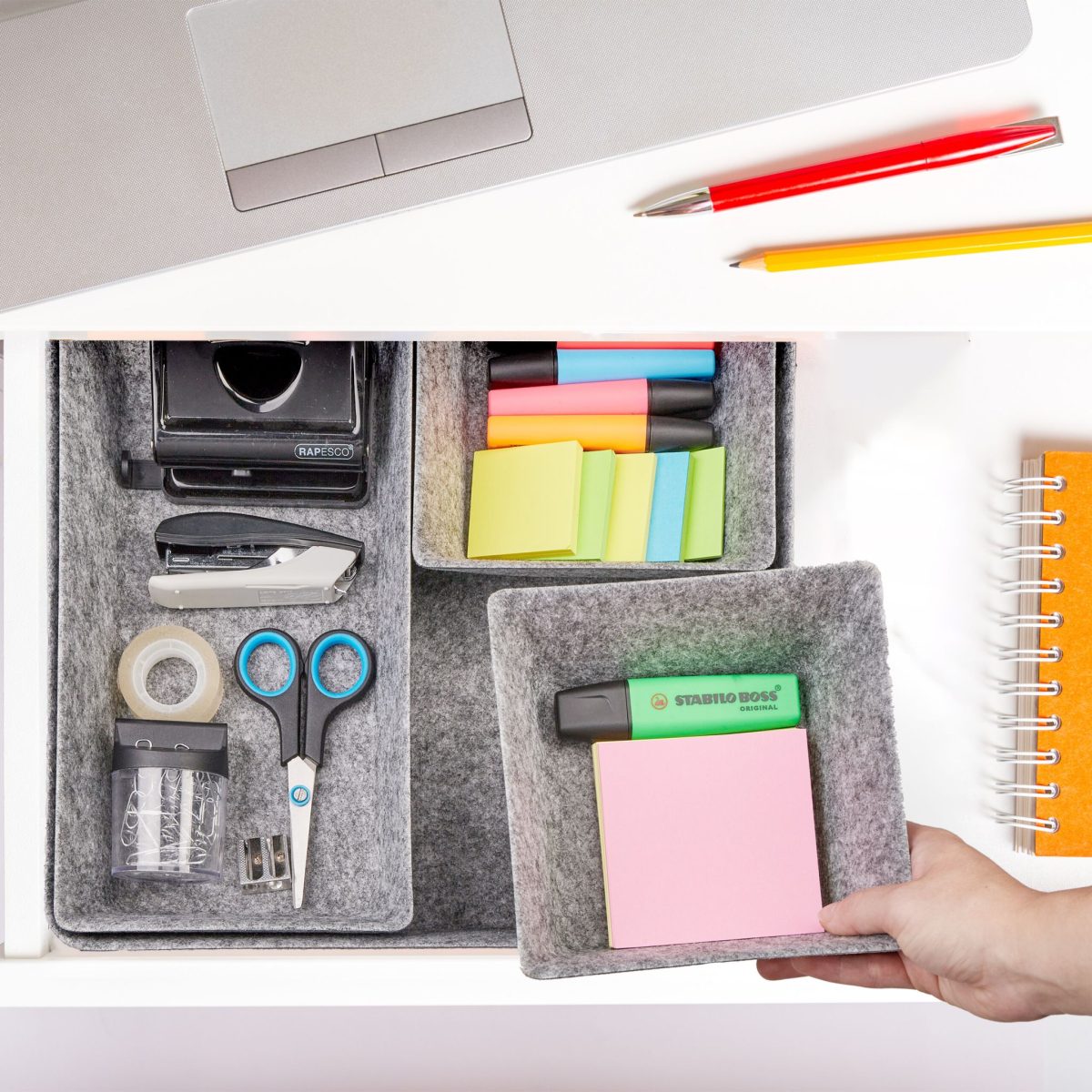 Set organizatoare birou/sertar birou din 4 piese, din palsa moale, gri, dimensiuni diferite - imagine 2