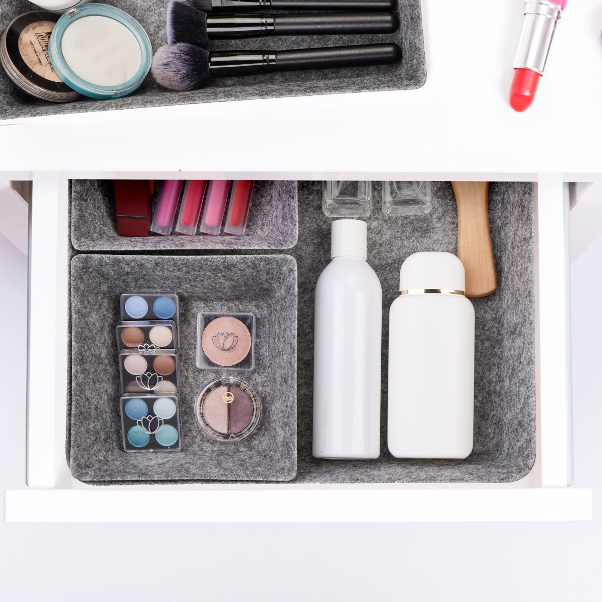 Set organizatoare birou/sertar birou din 4 piese, din palsa moale, gri, dimensiuni diferite - imagine 3
