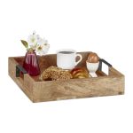 Tava de servire, din lemn de mango, manere metalice, 7,5 x 35 x 35 cm