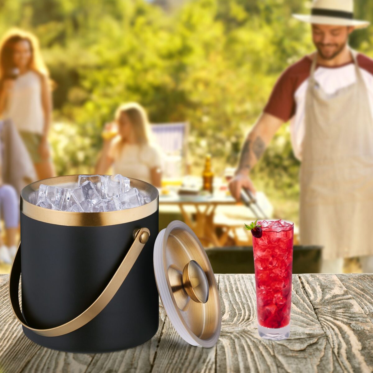 Frapiera pentru gheata, pereti dubli, capac, negru gold, 1,5 L, Relaxdays - imagine 5