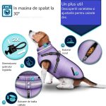 Geaca pentru caini, TRESKO, cu ham, marimea M, detalii reflectorizante, dozator cu 15 pungi incluse, material cu 3 straturi din poliester, bumbac si lana, rezistenta la apa si zapada, lila - imagine 3
