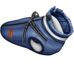 Geaca pentru caini, TRESKO, cu ham, marimea M, detalii reflectorizante, dozator cu 15 pungi incluse, material cu 3 straturi din poliester, bumbac si lana, rezistenta la apa si zapada, albastru