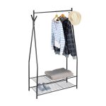 Suport pentru haine cu 2 rafturi pentru incaltaminte, si 4 agatatori, Relaxdays, din metal, negru, 162 x 90 x 40 cm
