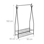 Suport pentru haine cu 2 rafturi pentru incaltaminte, si 4 agatatori, Relaxdays, din metal, negru, 162 x 90 x 40 cm - imagine 3