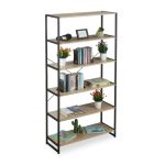 Raft cu 6 nivele, biblioteca cu cadru din otel, pentru camera de zi, birou, intrare, stil industrial,180 x 95 x 35 cm, maro/negru