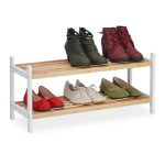 Suport cu 2 rafturi pentru pantofi, Relaxdays, dimensiuni 33 x 70 x 26 cm, bambus