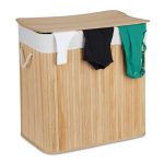 Cos de rufe din bambus cu 3 compartimente, Relaxdays, alb/natur, capacitate totala 120 l, 40 l fiecare compartiment, 62 x 62.5 x 42.5 cm