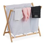Cos de rufe pliabil cu 3 compartimente, din bambus/poliester, alb/natural, 71 x 74 x 42 cm