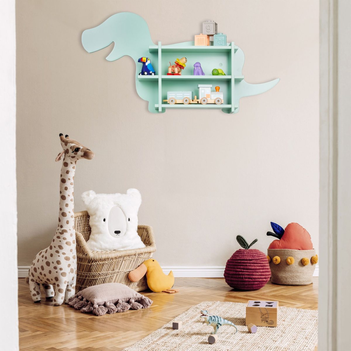 Raft pentru copii, design Dino, cu 2 compartimente, turcoaz, 43,5 x 84 x 13,5 cm - imagine 4