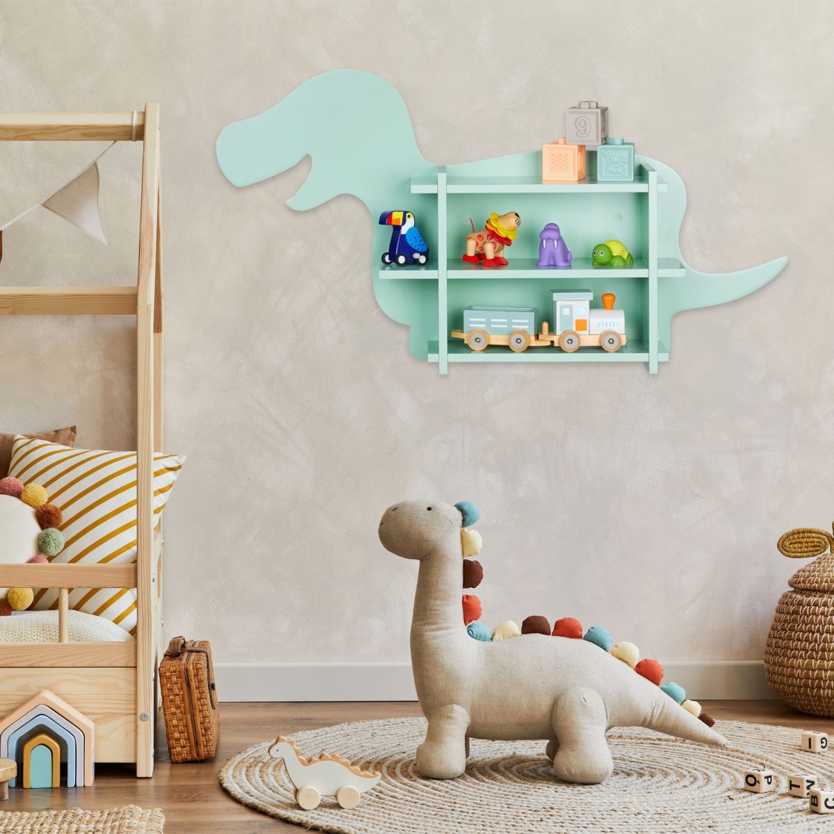 Raft pentru copii, design Dino, cu 2 compartimente, turcoaz, 43,5 x 84 x 13,5 cm - imagine 2