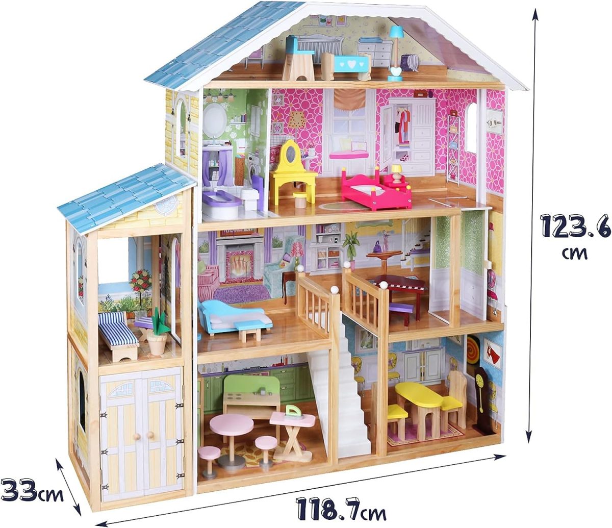 Casuta de papusi, 3 etaje, 5 camere, 29 piese, mobilier si accesorii incluse, 118 x 33 x 123cm - imagine 9