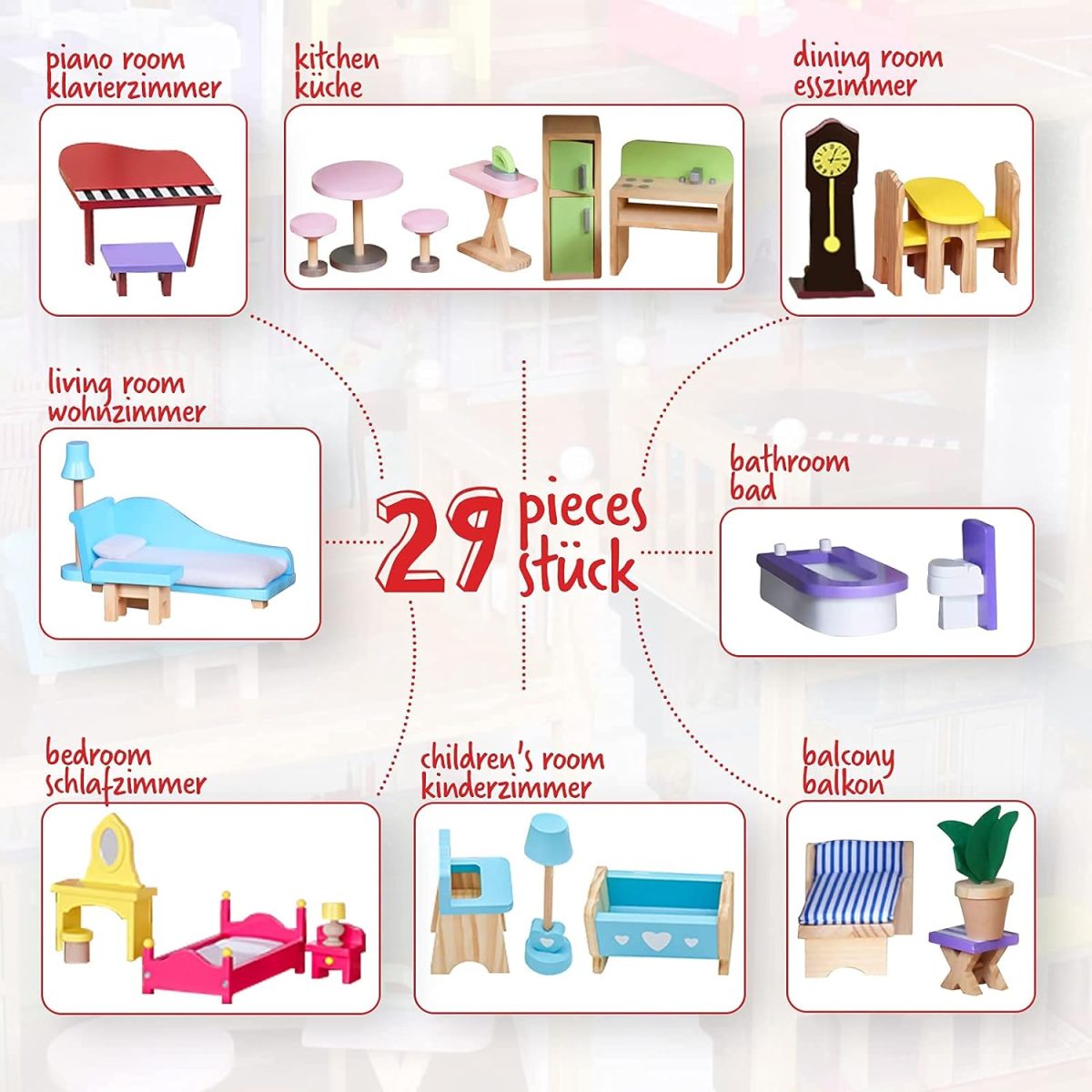 Casuta de papusi, 3 etaje, 5 camere, 29 piese, mobilier si accesorii incluse, 118 x 33 x 123cm - imagine 2