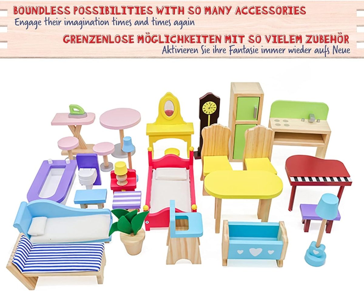 Casuta de papusi, 3 etaje, 5 camere, 29 piese, mobilier si accesorii incluse, 118 x 33 x 123cm - imagine 3