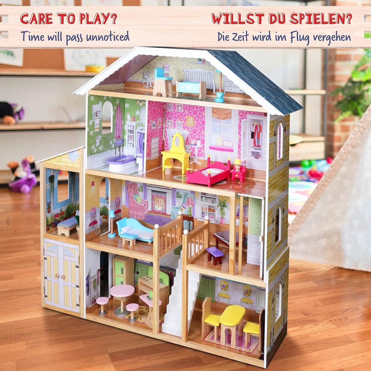 Casuta de papusi, 3 etaje, 5 camere, 29 piese, mobilier si accesorii incluse, 118 x 33 x 123cm - imagine 5