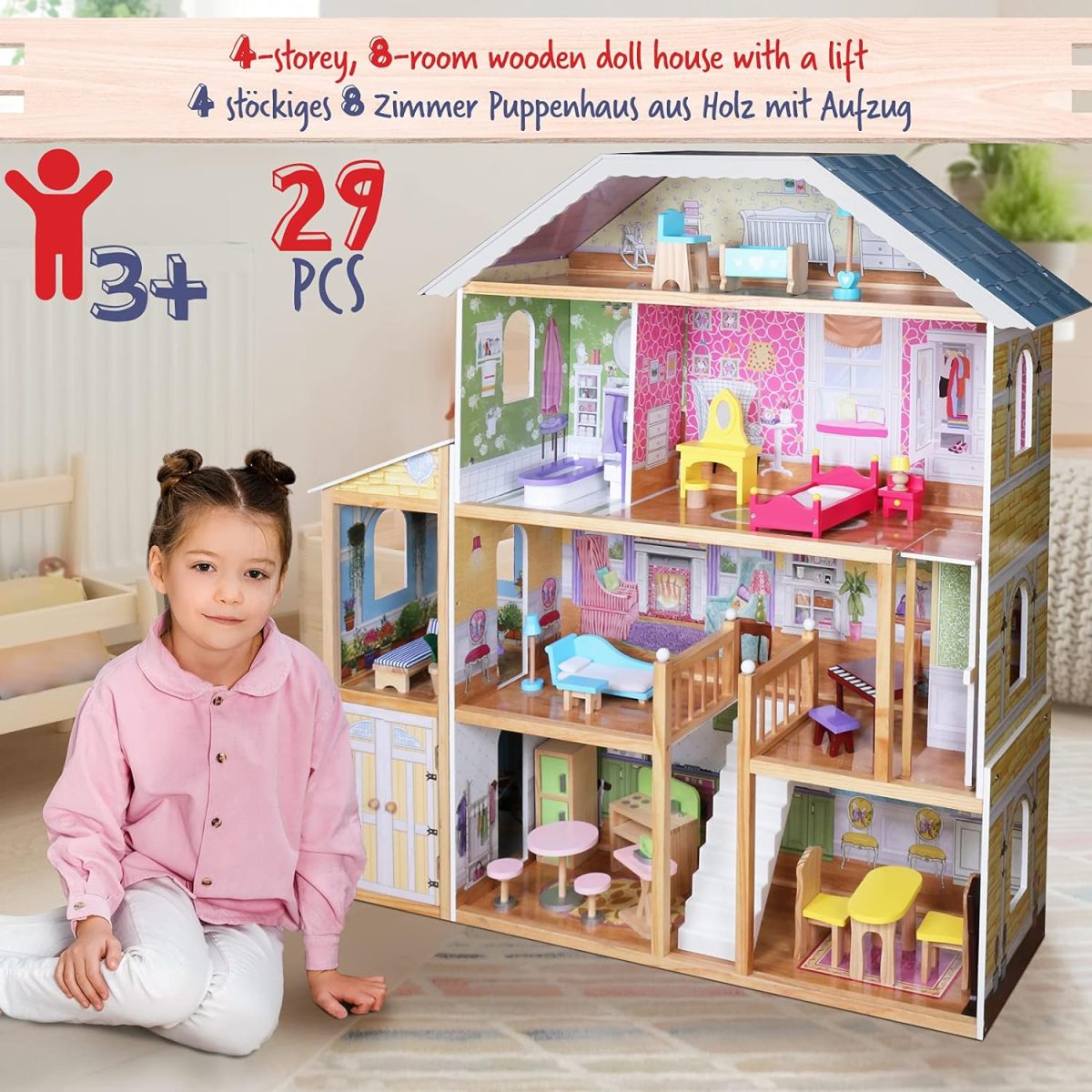 Casuta de papusi, 3 etaje, 5 camere, 29 piese, mobilier si accesorii incluse, 118 x 33 x 123cm - imagine 6
