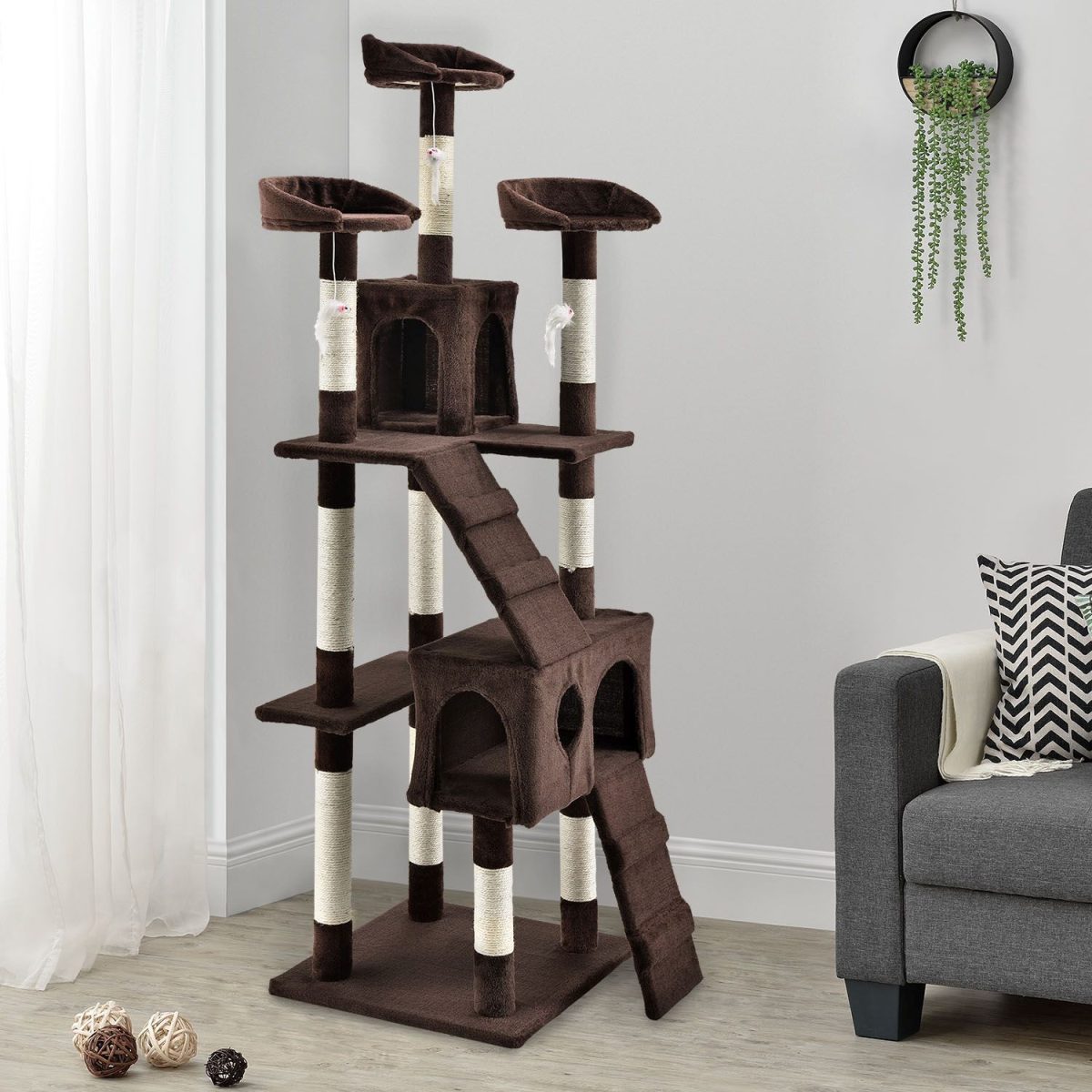 Ansamblu de joaca pentru pisici, "Amy", zona de culcare/pestera/scari/soricei, inaltime 170 cm, maro - imagine 2
