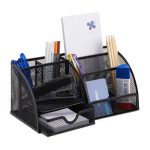 Organizator metalic pentru birou, 6 compartimente, sertar, negru, 12,5 x 27,5 x 14 cm