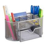 Organizator metalic pentru birou, 9 compartimente, sertar, argintiu, 10,5 x 22 x 11 cm