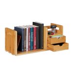 Organizator pentru birou, extensibil, raft pentru carti, 2 sertare, bambus, 21 x 51 - 80,5 x 19 cm