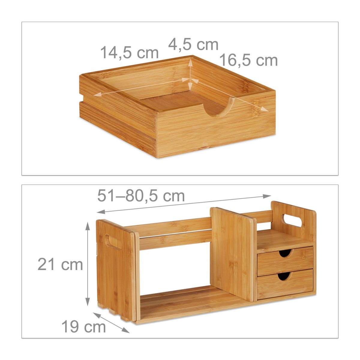 Organizator pentru birou, extensibil, raft pentru carti, 2 sertare, bambus, 21 x 51 - 80,5 x 19 cm - imagine 5