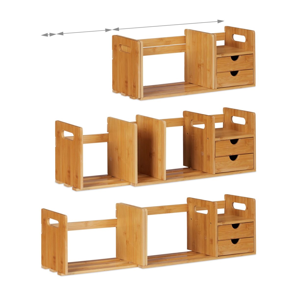 Organizator pentru birou, extensibil, raft pentru carti, 2 sertare, bambus, 21 x 51 - 80,5 x 19 cm - imagine 4