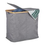 Cos de rufe cu 2 compartimente si capac, Relaxdays, gri, 74 l, 50 x 54 x 33,5 cm