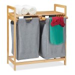 Cos de rufe din bambus, cu 2 compartimente de 30 l, cu raft pentru depozitare, Relaxdays, 73 x 64 x 33 cm