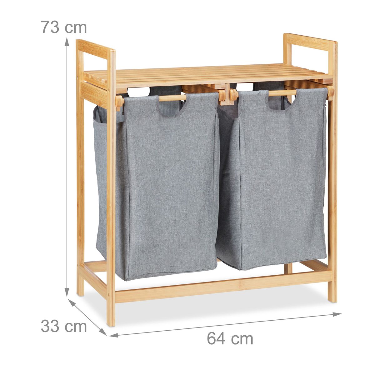 Cos de rufe din bambus, cu 2 compartimente de 30 l, cu raft pentru depozitare, Relaxdays, 73 x 64 x 33 cm - imagine 4