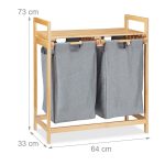 Cos de rufe din bambus, cu 2 compartimente de 30 l, cu raft pentru depozitare, Relaxdays, 73 x 64 x 33 cm - imagine 4