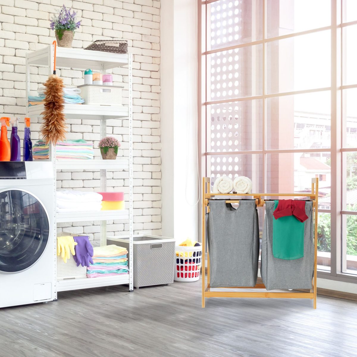 Cos de rufe din bambus, cu 2 compartimente de 30 l, cu raft pentru depozitare, Relaxdays, 73 x 64 x 33 cm - imagine 5