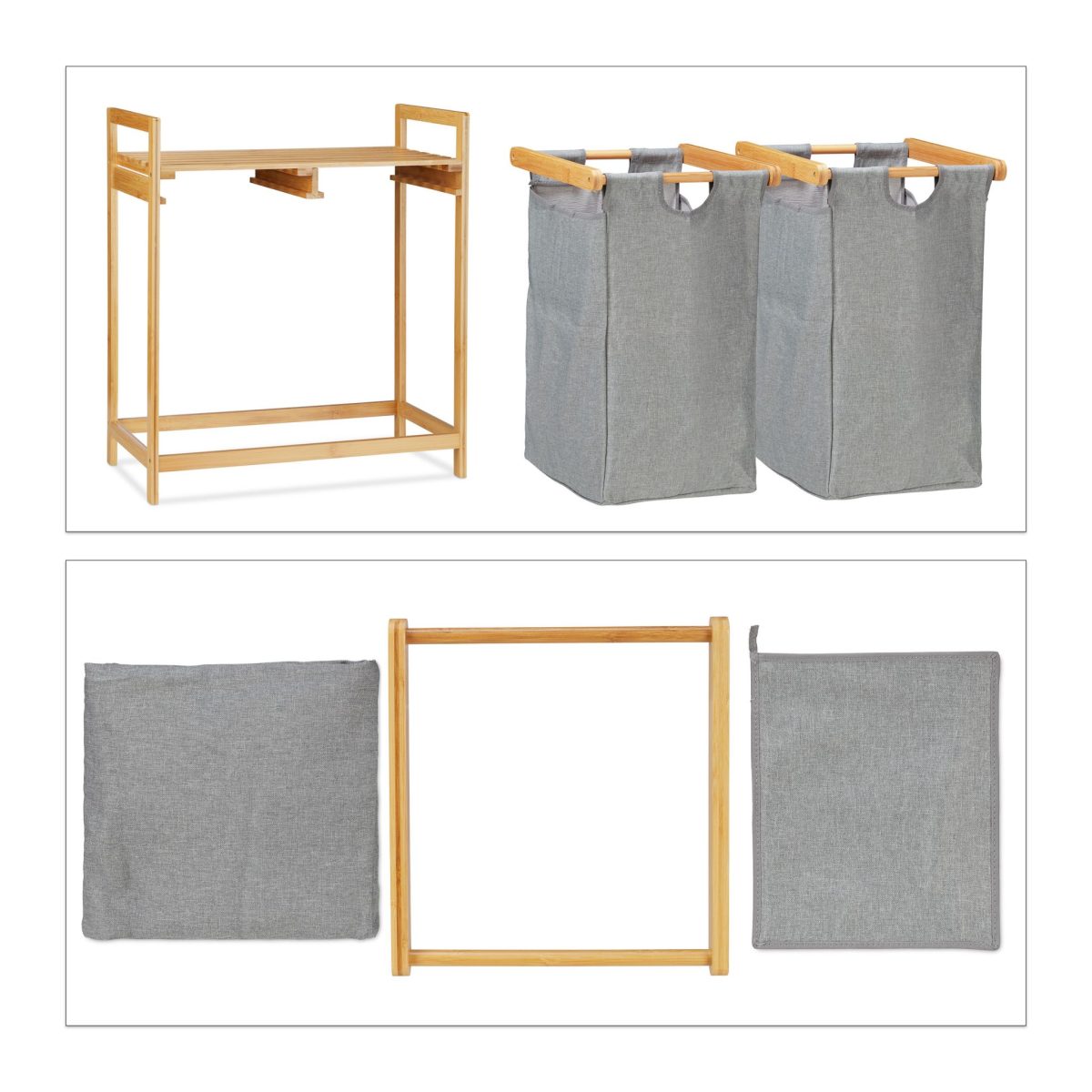 Cos de rufe din bambus, cu 2 compartimente de 30 l, cu raft pentru depozitare, Relaxdays, 73 x 64 x 33 cm - imagine 6