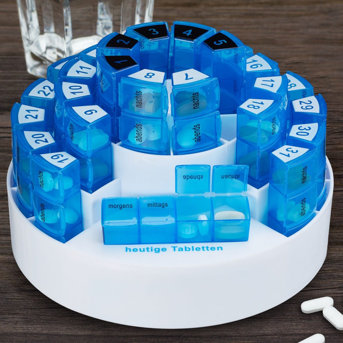 Organizator pastile pentru 31 de zile, 4 compartimente pe zi, plastic, albastru, 14 x 21 cm - imagine 2