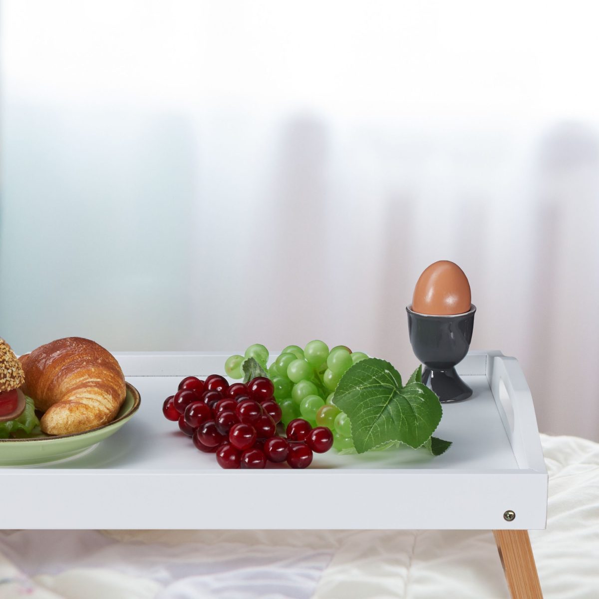 Tava servire din bambus si MDF, dimensiuni 24 x 55,5 x 30 cm, alb/maro, Relaxdays - imagine 6