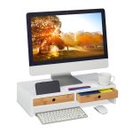 Suport pentru monitor, 2 sertare, MDF/bambus, spatiu pentru pahar si diferite accesorii, 12 x 56 x 27 cm