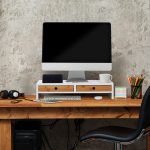 Suport pentru monitor, 2 sertare, MDF/bambus, spatiu pentru pahar si diferite accesorii, 12 x 56 x 27 cm - imagine 2