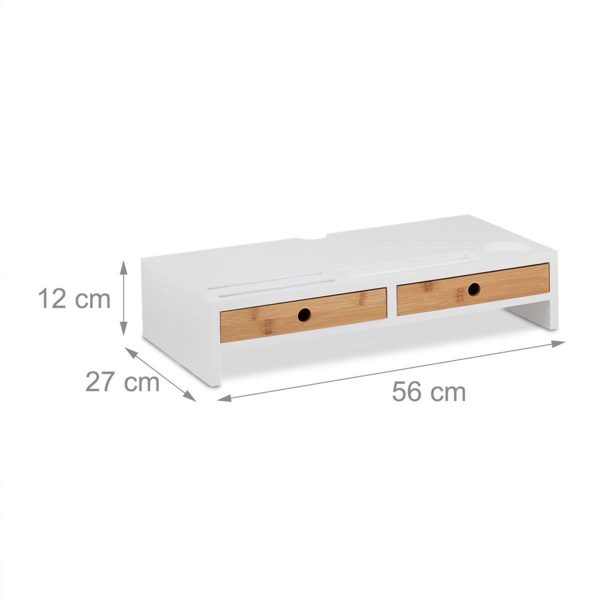 Suport pentru monitor, 2 sertare, MDF/bambus, spatiu pentru pahar si diferite accesorii, 12 x 56 x 27 cm - imagine 5